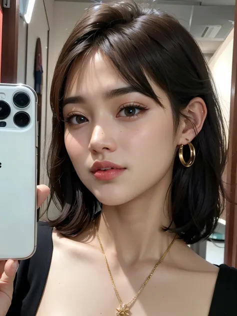 A closeup of a woman holding a cell phone in her hand, Ulzzang, maquiagem sul-coreana popular, maquiagem coreana popular, com rosto redondo, com cabelos curtos, young adorable korean face, Lalisa Manobal, Mulher sul-coreana bonita, dilraba dilmurat, com ca...