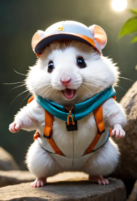 a super cute white hamster，ssmile，wear a cool adventurer outfit，extreme sports，movements are neat and fast，well equipped，climbin...