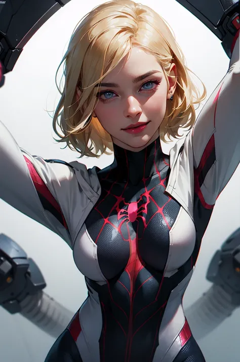 Masterpiece), ((best quality)), ,Spider-gwen, parted lips, light_smile, cinematic lighting, ultra-realistic, ((realistic)), (Gwen_Stacy), blonde_hair, short_hair, only, sidecut, asymmetrical_hair, parted_lips, eyebrow_piercing , (detailed face), beautiful ...