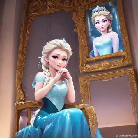 Criar imagem da rainha elsa sentada no trono com coroa e uma capa bem bonita com uma pose chamativa