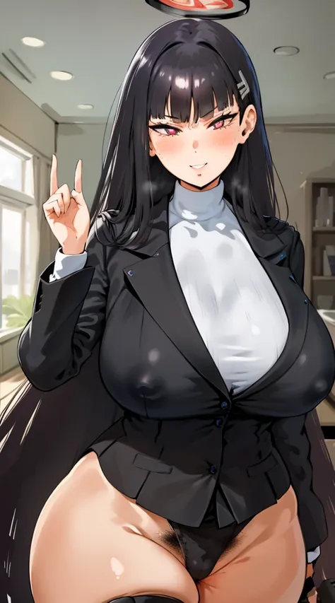 (masterpiece, best quality:1.2), cowboy shot, solo, 1girl, highres, rio-ba,red eyes,hairclip,very long hair,halo,white turtleneck sweater,black jacket,black miniskirt,thigh holster,black pantyhose,
BREAK looking at viewer, arms behind back, navel, belly, (...