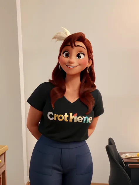 Crie um personagem no estilo da Disney, mulher, morena, cabelos castanhos claros curtos, olhos castanhos, smiling while standing with hand behind