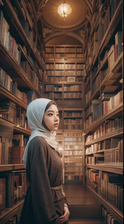 Craft an image where a Malay girl in hijab discovers a secret portal hidden within an ancient bookshelf. As she steps through, the scene transforms into a surreal library suspended in space, with books floating around her, each containing a unique world wa...