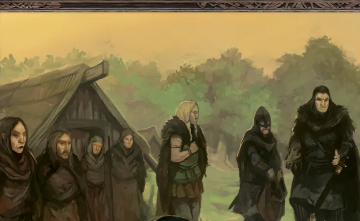 Viking Village, Forest in the background, a group of male warriors gathers in council