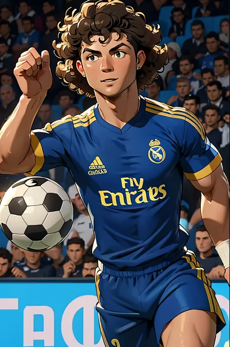 Cristiano Ronaldo with curly hair playing soccer in real madrid jersey