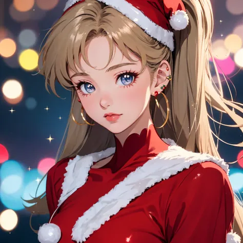 Christmas, winter, sailor moon, 90s style anime girl, retro anime girl, magic girl, 1girl,waistup, 90s style, upper body, sparkle, bokeh background, thin lineart, beautiful shading, ultra detailed, realistic, old anime screencap, christmas earrings, red dr...