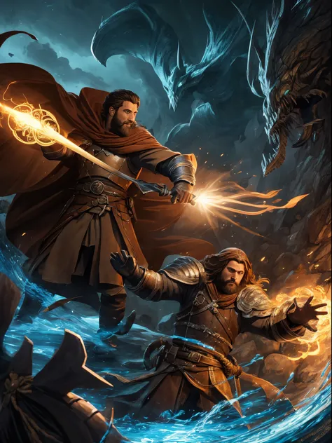 um guerreiro, a cleric and a wizard fighting a creature from the abyss