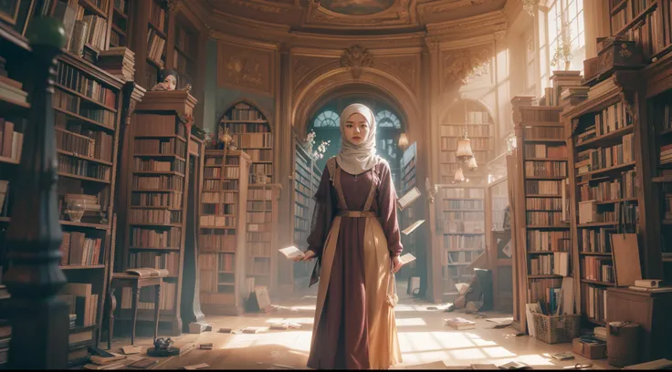 Craft an image where a Malay girl in hijab discovers a secret portal hidden within an ancient bookshelf. As she steps through, the scene transforms into a surreal library suspended in space, with books floating around her, each containing a unique world wa...