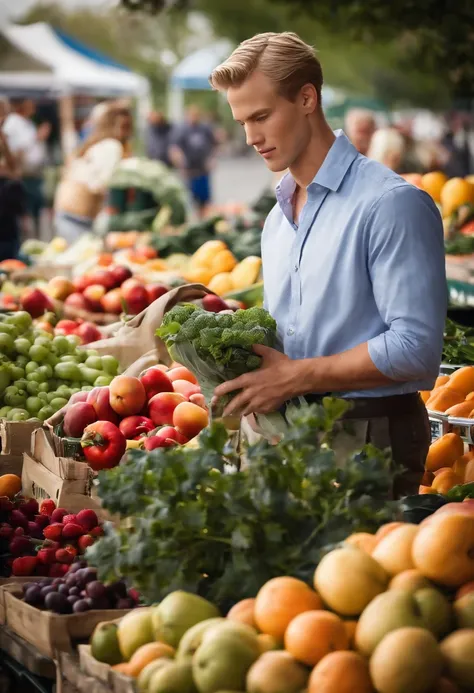 A photo of MormonMorgan at the local farmers market, buying fresh fruits and vegetables,original,MormonMorgan is blonde with blue eyes and he’s nearly 7 ft tall, male