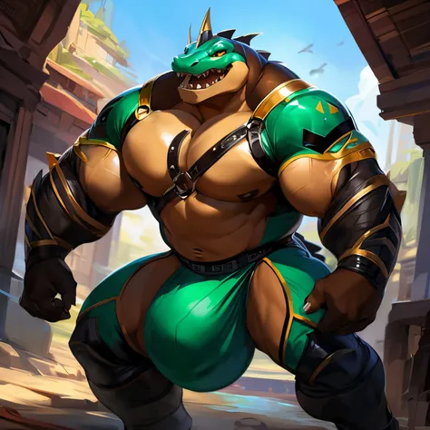 sozinho, macho, alligator, focinho longo, dentes afiados, Presas, rosto grosso, Face larga, ombros largos, musculoso, polir, forte, alto, gigante, Massive, enorme, gigantesco, Big biceps, Pecs grandes, Corpo verde, pele verde, olhos amarelos, Virilha detal...