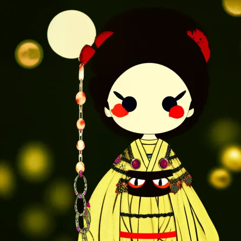 Create a cute Japanese creepy pasta dressed in all white and chains wrapped around her arms and a creepy smile and bloody dress