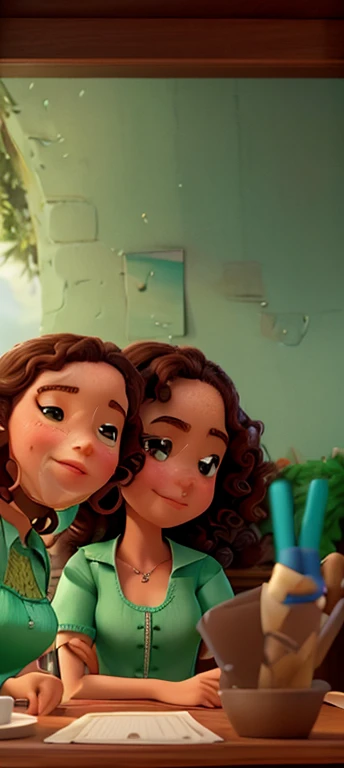 Capa de filme estilo Disney, Two curly-haired girls working in cafe drinking coffee, water green blouse