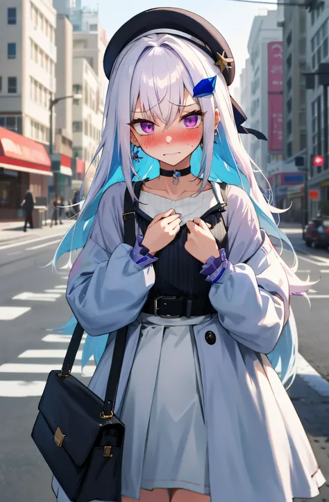 One girl with long hair, white hair, blue inner hair, purple eyes, looking at viewer, blushing, embarrassed, (embarrassed:1.2), long coat, sweaters, mini skirt, beret, bag, outdoor, road, earring, slim, dizzy, choker, mid-chest, wide hips, perfect waist, m...