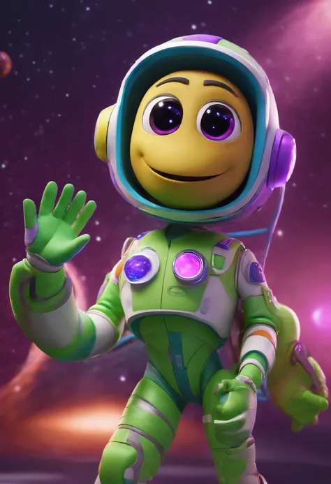 Personagem da pixar, extraterreste astronauta fofinho e magrinho roxo e brilhante, sorridente e ascenando hi-five, Pose swag hip hop, graphic designer, 3d Blender, Cinema 4d,