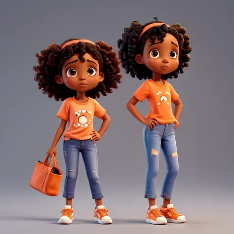 Full figure african american 6 year old girl, childrens book illustration style, curly black hair, cute, white background, orange shirt, wearing jean paints, and wearing white tennis shoes, brown eyes, orange hair bow, front view, scared expression, talkin...