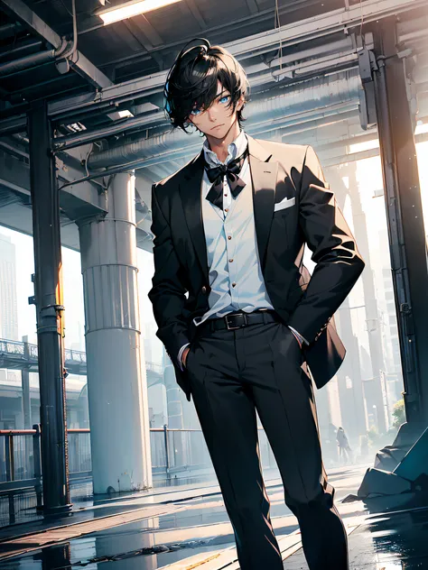 (Handsome boy:1.2), (Black hair with bangs:1.4), ((Blue eyes, bright and attractive):1.5), ((White shirt, Neat and clean):1.2), (Black tie:1.3), (Gray blazer:1.3), (black pants and shoes:1.2)