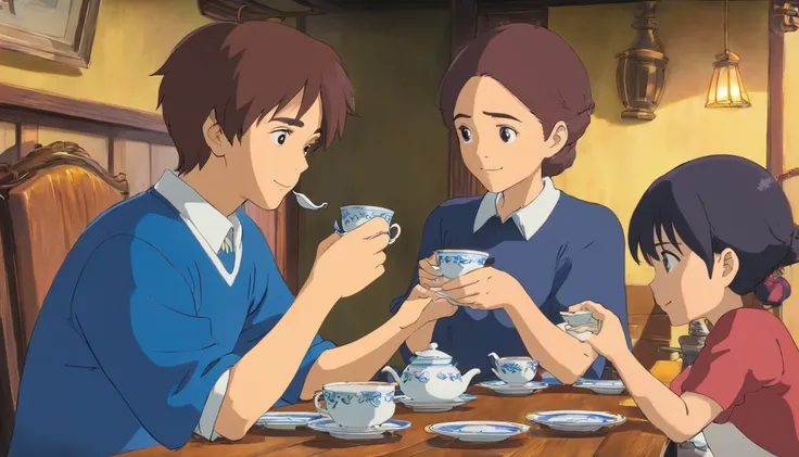 dining room，drinking tea，neighbor uncle，blue clothes，sitted，Close-up