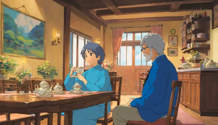 dining room，drinking tea，neighbor uncle，blue clothes，sitted，Faraway view