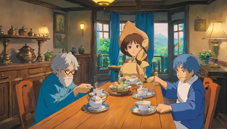 dining room，drinking tea，neighbor uncle，blue clothes，sitted，Faraway view