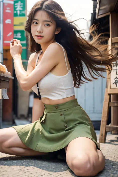 1girl in,full bodyshot、full bodyshot、、no bra、light green loose tank top、japanese,sixteen years old, black medium length hair,a l...