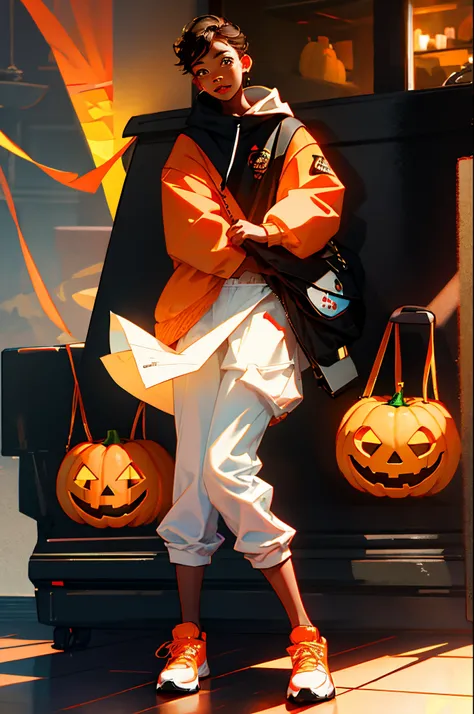 Halloween pumpkin smile lips orange colour design black hoodies with black pant white shoe white face and half orange colour pumpkin face marks boy 
This picture is gaming channel logo