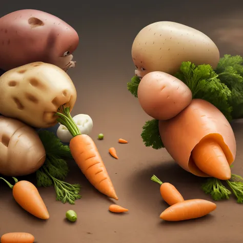 carrots fighting in a war against potatoes