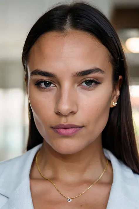 A woman with peau pêche metisse black, 24 ans, yeux bleu claire, visage attrayant et mignon, luz, lighting cinematic. photographie, Realistic symmetrical face detailed, cheveux noir. Nikon D850 Photographie, Kodak Portra 400 F1 Camera Lens.6, Extremely det...