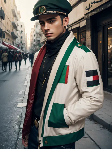 a man fashion jacket and Patch attribute flag Palestinian, shawl flag white green red, cap typical islamic, realistic photo high details vibe cinematic cozy on the street.