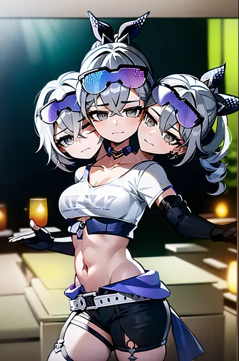 (3heads:1.5), Masterpiece, Best quality, 1girl, Extremely detailed, beautiful background, ((SilverWolf V4)), gray eyes, white hair, eyewear on head, Short sleeves, hair adornments, Earrings, Drill hair, Black shorts, Black gloves, pony tails, emotionless, ...