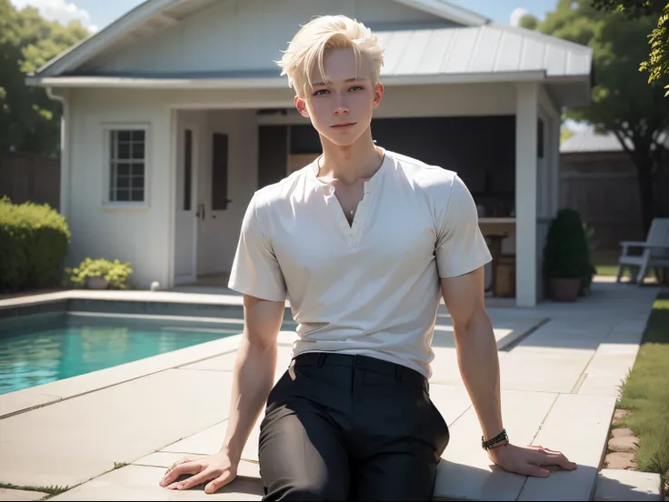 realistic, 8k image of a 23 years old albino boy, short size straight blonde hair, non muscular body, smiling, dressed in a casual white shirt and black pants sitting behind pool house, noon lighting , anime style art