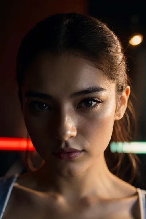 Une femme japonaise, 24 ans, yeux vert claire, visage attrayant et mignon, lumière, éclairage cinématographique. photographie, Visage réaliste symétrique détaillé, cheveux noir. Nikon D850 Photographie, Kodak Portra 400 Objectif Caméra F1.6, extrêmement dé...