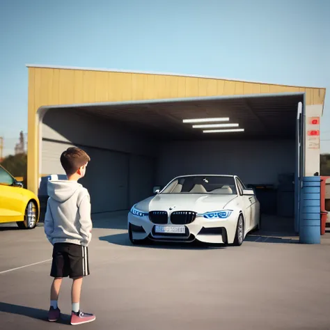 Theres a garage with a BMW parked in it and a kid standing next to it looking at it, the kid is wearing a white hoodie and its all 3D.