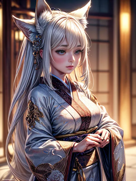 ultra realistic 8k cg, masterpiece, ((ultra detailed background, delicate pattern, intricate detail)), (highly detailed, fine details), best quality, (photorealistic:1.4),beautiful lighting, 9 tail fox girl, white hair, kimono, logo. Upper body portrait