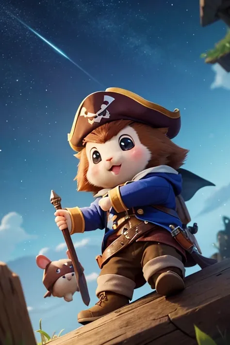 A cute hamster, rpg adventurer clothing, pirate outfit, angle from below, night sky