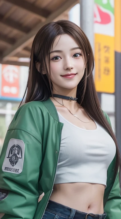 Photorealistic, masutepiece, Best Quality, Raw photo, 1girl in, Solo, Twin-tailed, Brown hair, Detailed face, alluring face, evil smile、耳环、a choker、Neon Shirt、Open jacket、croptop, medium breasts, Dynamic Pose, Looking at Viewer, From below, Detailed backgr...