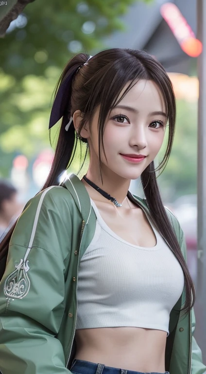 Photorealistic, masutepiece, Best Quality, Raw photo, 1girl in, Solo, Twin-tailed, Brown hair, Detailed face, alluring face, evil smile、耳环、a choker、Neon Shirt、Open jacket、croptop, medium breasts, Dynamic Pose, Looking at Viewer, From below, Detailed backgr...