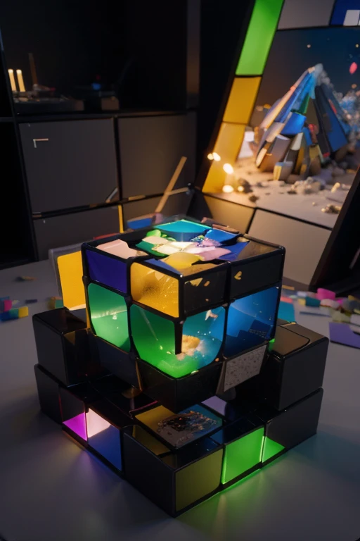 01_Three-dimensional abstraction, consisting of many blocks - cubes, pixels, multi-colored, glowing, bright, pixel blocks. In three-dimensional projection, these blocks form bizarre isometric shapes, there is a foreground, middle, and background. Isometric...