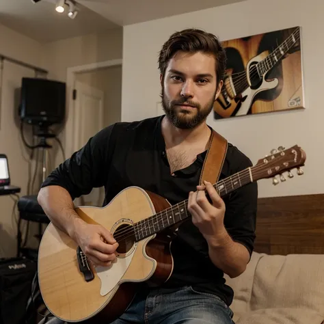 Male, short beard, young, attractive, guitar in background