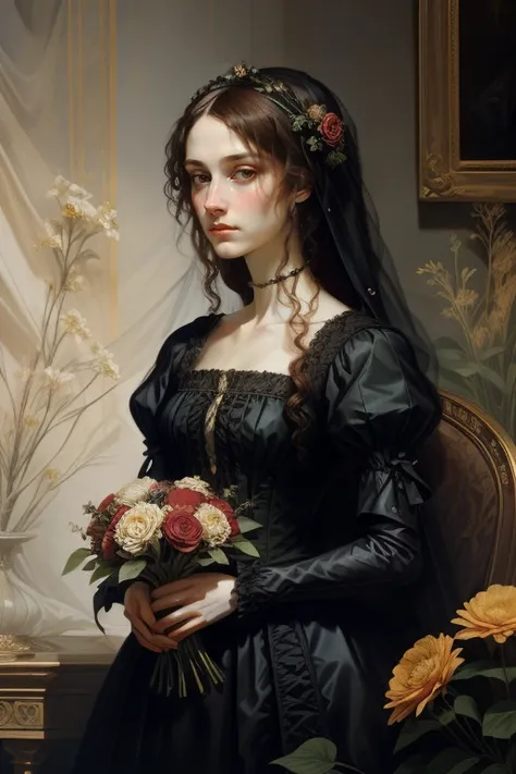 woman in a black dress stands with a bouquet of flowers in her hands., Romanticism Portrait, Realistic portrait of the Renaissance, in a renaissance style, mary jane ansell, In the style of the High Renaissance, Portrait of the Renaissance, Fantasy genre p...