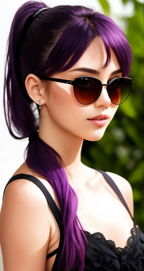 Purple hair, ponytail, see-through, blue eyes, sunglasses