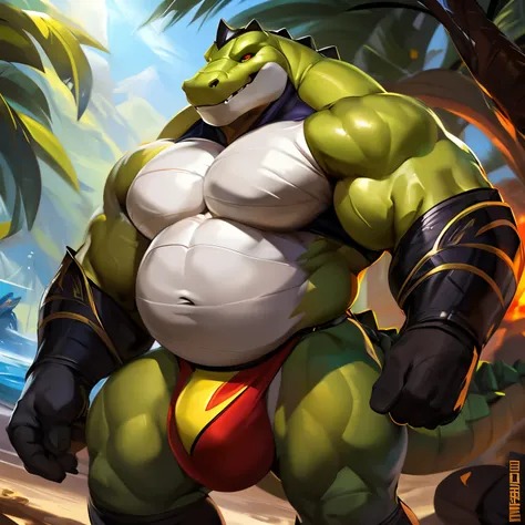 sozinho, macho, alligator, focinho longo, dentes afiados, Presas, rosto grosso, Face larga, ombros largos, musculoso, polir, forte, alto, gigante, Massive, enorme, gigantesco, Big biceps, Pecs grandes, Corpo verde, pele verde, olhos amarelos, chubby, big b...