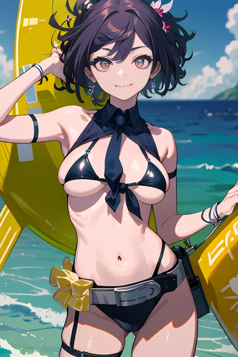 ((masterpiece)), (best quality), (detailed), (1 girl),  (condom belt:1), standing, micro bikini, condom in mouth, front-tie bikini top, (closed mouth:1.2), thigh strap,smile,big breast,beach