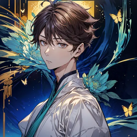 oikawa tooru,((solo focus))brown hair,brown eyes,short hair,1man,he is a breathtaking, his presence is like sunlight itself, flowers,butterflies,blue sky,pure and elegant,dainty,add_detail:0.5,perfect face,handsome,looking at viewer