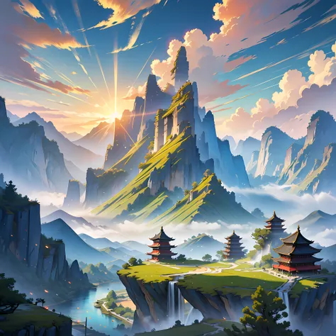 ancient chinese painting, ancient chinese background, mountains, river, auspicious clouds, pavilions, sunlight, masterpiece, super detail, epic composition, ultra hd, high quality, extremely detailed, official art, unified 8k wallpaper, super detail