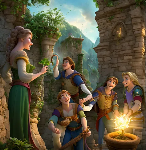 A joyful couple making the deal with the enchantress, receiving the plant, and the enchantress casting the spell.
Rapunzel in the Tower