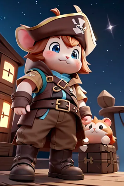 A cute hamster, rpg adventurer clothing, pirate outfit, angle from below, night sky