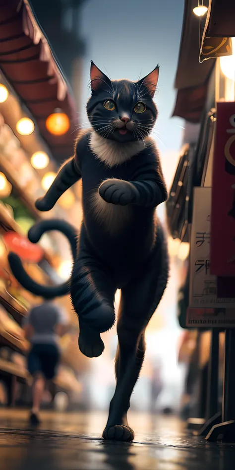 Movie stills of cat catching fish with paws, Run away in the market. . shallowdepthoffield, vignet, The is very detailed, High budget, bokeh, Cinemascope, moodiness, epic, a gorgeous, filmgrain, grainy