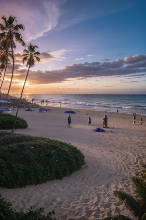 masterpiece, best quality, Santa Monica beach, tropical plants, distance view, human on beach, purple futuristic sci-fi sky,