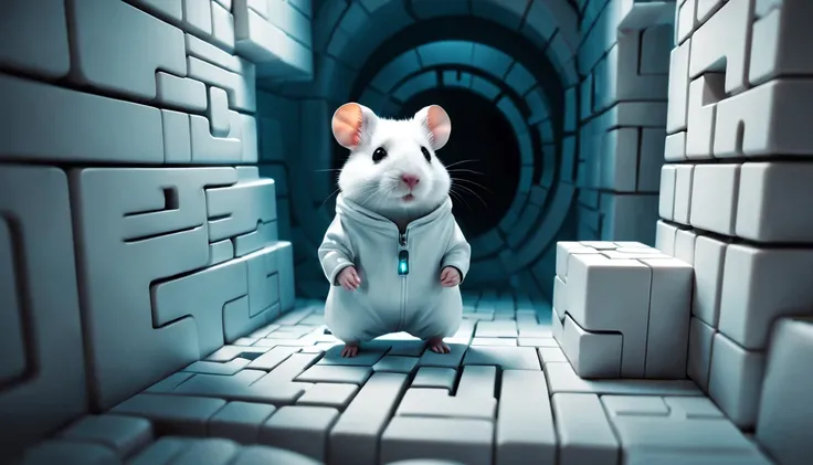 scifi style，White hamster in cool adventurer costume，Adventure in a data-filled maze，Solve math puzzles and logic challenges，Find the key to the lower labyrinth，Super quality，Super refined，super complex，Super professional