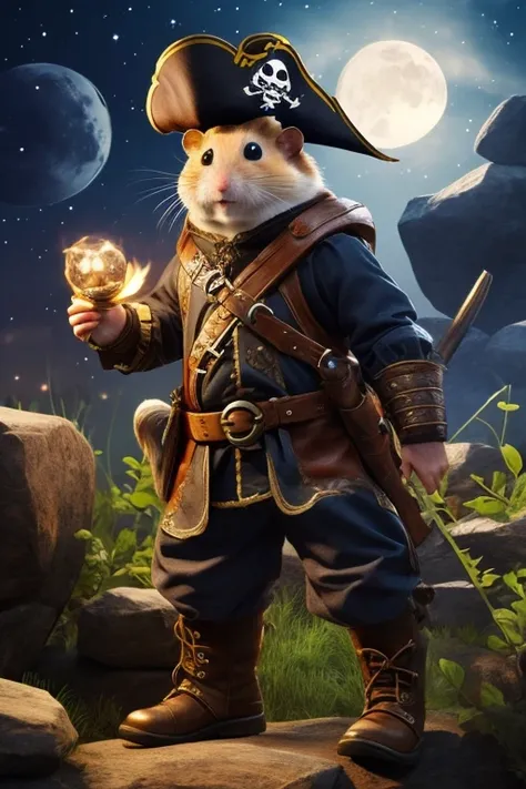 A cute hamster, rpg adventurer clothing, pirate outfit, angle from below, night sky